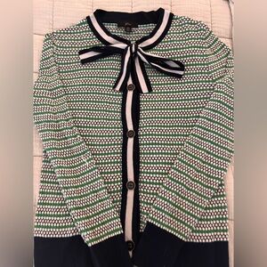 Green and White Patterned Cardigan with Bow